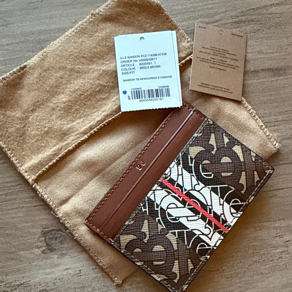 NWT Burberry Sandon TB Monogram E-canvas card case. Initials SJ stamped